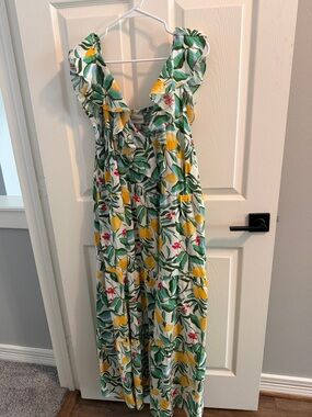 Ava & Viv Green Leaf and Yellow Lemon Print Maxi Dress
